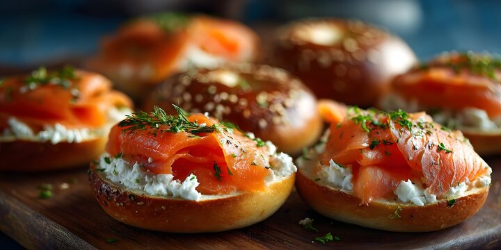 Artfully Arranged Mini Bagels with Smoked Salmon, Cream Cheese, and Fresh Dill, Presented for Culinary Appreciation.