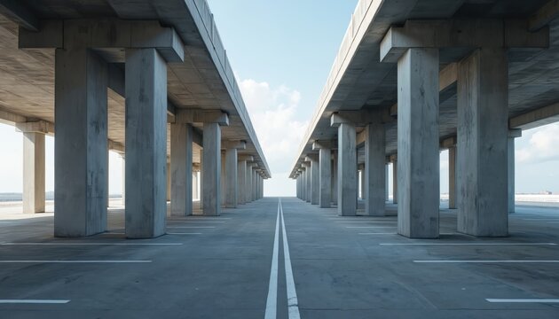 Vast empty concrete parking lot with parallel rows of large columns under bright blue sky. Geometric perspective lines mark parking spaces on asphalt ground.