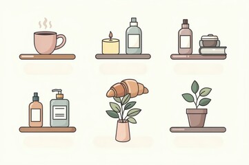 Obraz premium Cozy home decor elements arranged on minimalist wooden shelves featuring coffee cup scented candle skincare products potted plant and croissant conveying tranquility and simple elegance