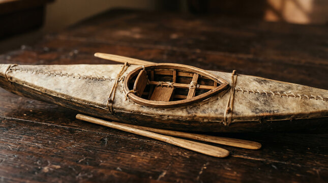 Miniature Inuit Kayak Model with Traditional Skin Covering