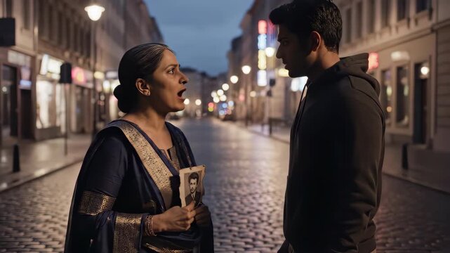 A woman in traditional Indian attire encounters a mysterious man on a European street at dusk, holding a photograph.