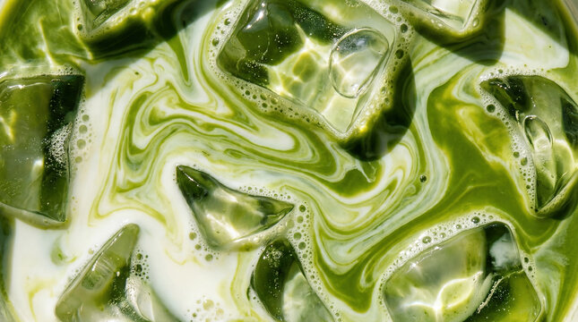 macro top-down view of iced matcha green tea latte with swirling milk and ice cubes texture background