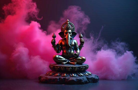 Ganesha statue sits in lotus pose. Pink and purple smoke swirls around the deity. The idol has multiple arms holding lotus buds. Religious art in studio.