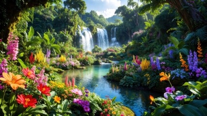 Fototapeta premium Vibrant tropical waterfall and colorful flower garden landscape for nature wallpaper and botanical poster background ideal for floral and travel design