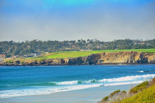 View of stunning Pebble Beach on the Monterey Peninsula, California, as viewed from the white sand beach of Carmel
