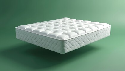 Fototapeta premium Plush white mattress floats mid-air against serene green backdrop, evoking supreme comfort, restful slumber. Its quilted surface suggests luxurious softness, perfect for sleep, relaxation concepts.