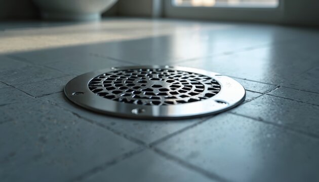 Metal floor drain on tiled surface with light reflections. Clean bathroom plumbing fixture in corner detail. Water drainage system for house.