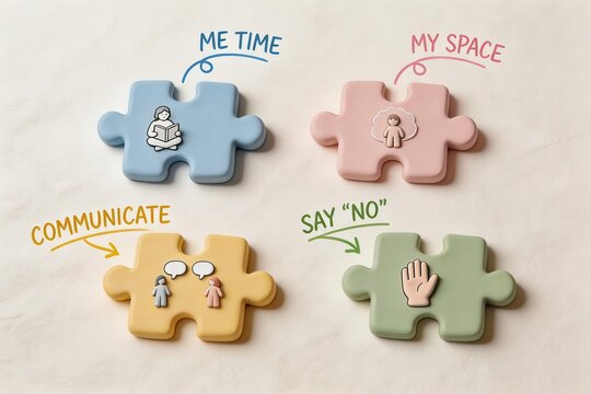 Creative Puzzle Pieces Representing Self Care Concepts Such as Me Time My Space Communication and Establishing Boundaries in a Relaxed Artistic Setting