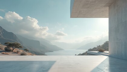 Naklejka premium Modern concrete architecture overlooks serene mountain lake. Spacious terrace offers vast landscape view with distant hazy peaks and calm blue water. Natural light fills the scene.