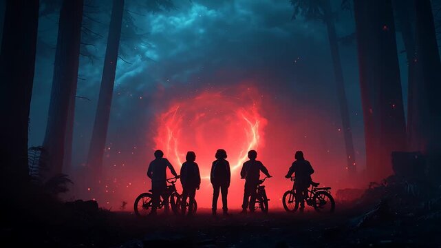 Young friends looking at a magical portal in forest, stranger things vibe.