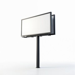 Obraz premium Blank billboard on black pole. Horizontal frame with white space for text. Simple modern advertising panel on white background. Outdoor ad display mock-up template.