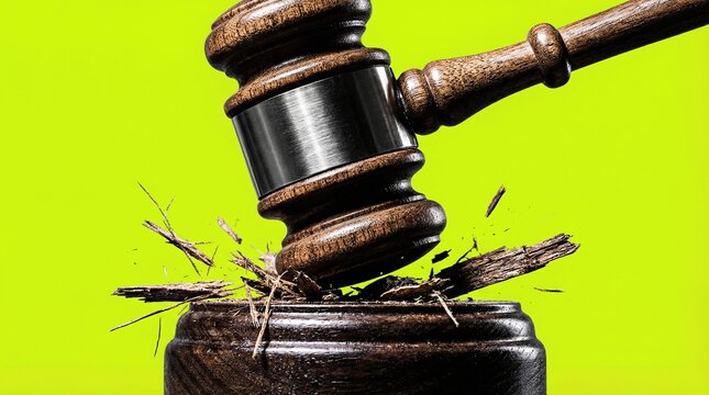 Wooden judge gavel striking sound block with flying splinters on green