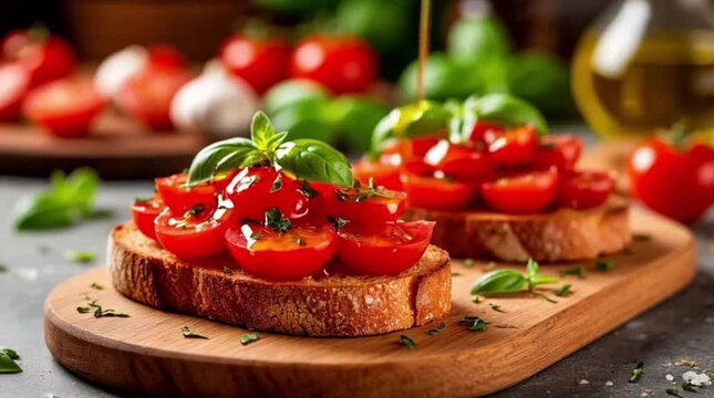 Fresh tomato bruschetta with basil on wooden board in kitchen  