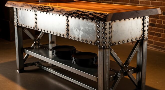 An industrial-style buffet constructed from galvanized steel sheets and a thick, live-edge wood slab, with large, visible welds.