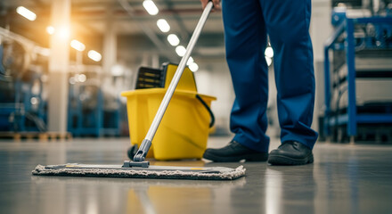 Obraz premium Close up view of a dedicated cleaner mopping a large industrial warehouse floor with bright lights creating a lens flare effect in the background.