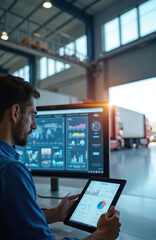Fototapeta premium Man uses tablet, computer with analytics for warehouse logistics. Trucks visible in background of modern facility. Supply chain operations run efficiently using digital tools. Data tracking, planning