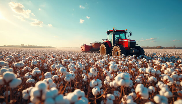 Red tractor drives through vast cotton field ready for harvest. Machine collects fluffy white crop under clear blue sky. Rural agriculture scene unfolds during sunny day.