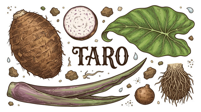 Hand drawn taro root vector illustration set with whole corm, slice, large leaf, stalks and roots in vintage botanical style