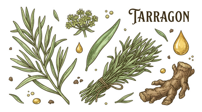Vintage hand drawn tarragon herb botanical illustration set with branch, tied bundle, leaves, flowers, root and essential oil drops on black background