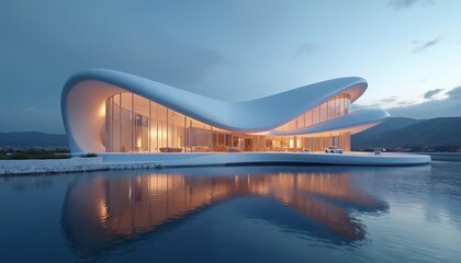 Obraz premium Modern luxury waterfront villa glows with warm light. Its fluid white design reflects on calm water under twilight sky. A car sits on the spacious deck.