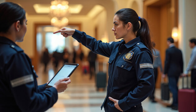 Two women security guards in dark uniform interact in a busy hotel lobby. One guard points, giving directions while the other holds a tablet, coordinating operations and guest service.