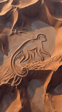 A monkey is drawn in the sand