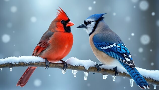 Red cardinal and blue jay perch on icy branch. Two birds face each other in soft snow. Winter nature scene with feathered friends. Cold season wildlife meeting.