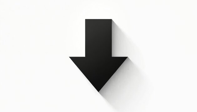 Black down arrow symbol points downwards. Simple graphic element for web design navigation, download links or UI interface elements. Icon placed on white background.