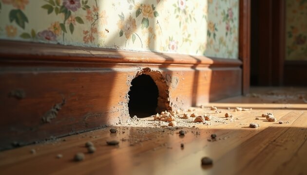 Hole chewed in wooden baseboard inside old house with floral wallpaper. Debris scattered on floor suggests pest or rodent activity. Sunlight streams into room, highlighting damage.