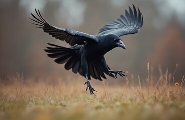 Fototapeta premium Large black raven bird in mid flight over dry grass field. Bird prepares for landing with wings spread and talons extended. Focus on bird with blurred background and a single yellow flower.