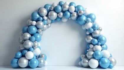 Fototapeta premium Blue silver white balloon archway forms festive doorway for party entrance. Elegant sphere arrangement creates celebratory backdrop for special event or photo booth. Use for birthdays baby showers.