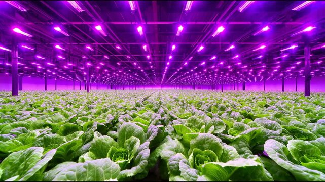 Massive indoor hydroponic vertical farm with purple LED grow lights