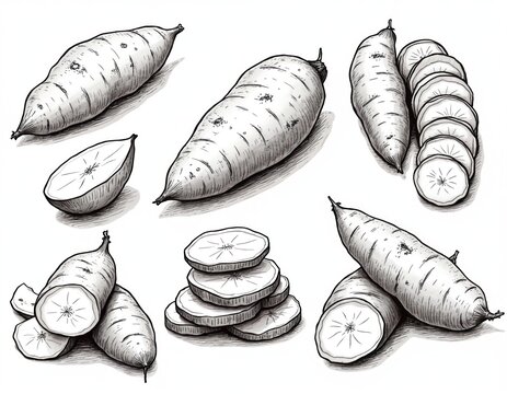 Hand drawn sketch illustration of whole and sliced yucca root vegetables. Root vegetables are healthy food source, rich in nutrients and vitamins for organic diet.
