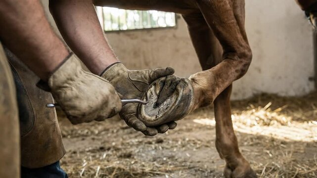 A man is trimming a horse's hoof