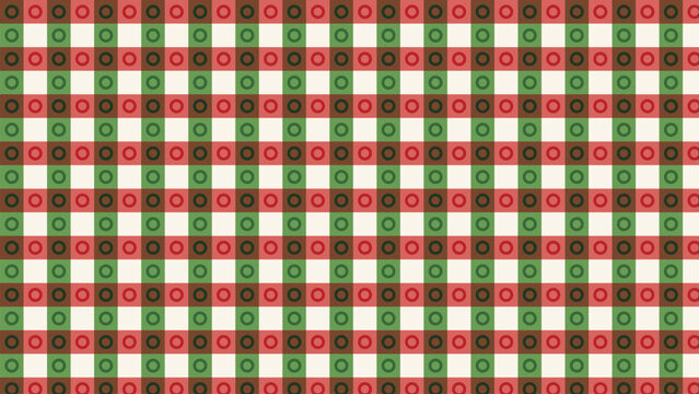 Christmas pattern: Festive retro geometric seamless plaid design with deep red, forest green, earthy brown checkered squares, featuring playful circular motifs on creamy off-white, ideal for holiday d