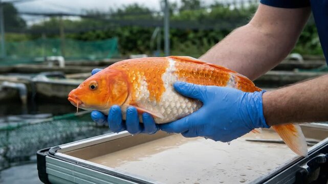 A man is holding a gold and white fish in his hands