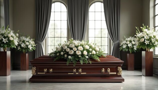 Ornate coffin with floral arrangement sits inside funeral home. White lilies and roses adorn casket, symbolizing loss and remembrance. Elegant, somber atmosphere before burial service.