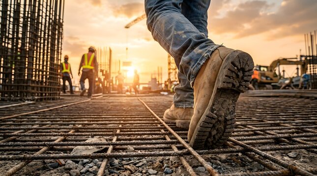 Close-up of a construction worker's boots walking on rebar at a building site during sunset, with other workers and equipment in the background.