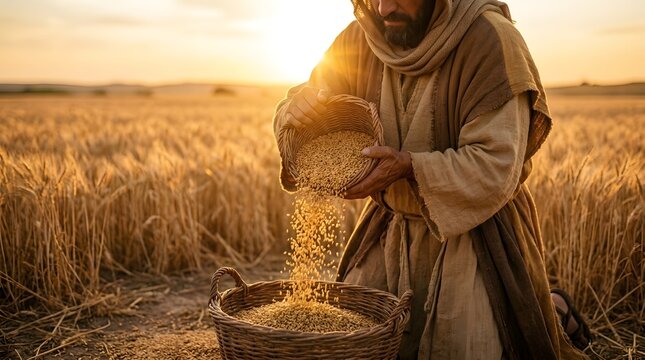 Man in traditional attire pouring golden grains into a basket in a sunlit wheat field at sunset.