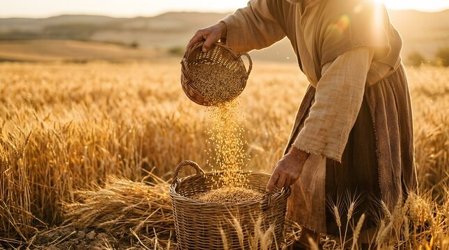 A person in traditional attire pouring golden grains from a small basket into a larger one in a sunlit wheat field during harvest.