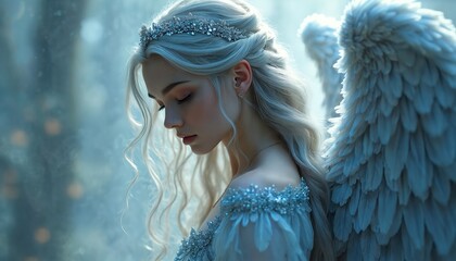 Fototapeta premium Elegant angel woman with white feathered wings and crown. She wears a sparkly dress with intricate details. Soft blue background creates a dreamy, ethereal atmosphere.