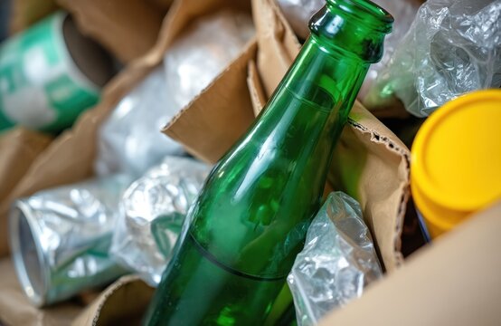 Mixed recyclable waste includes green glass bottle, crushed metal cans, plastic packaging, and cardboard box. Items ready for rubbish sorting. Materials for reuse.