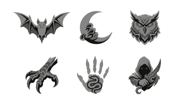 A dark illustration set of six gothic icons featuring a bat, moon, clawed hand, snake-wrapped hand, and hooded figure on plain white background