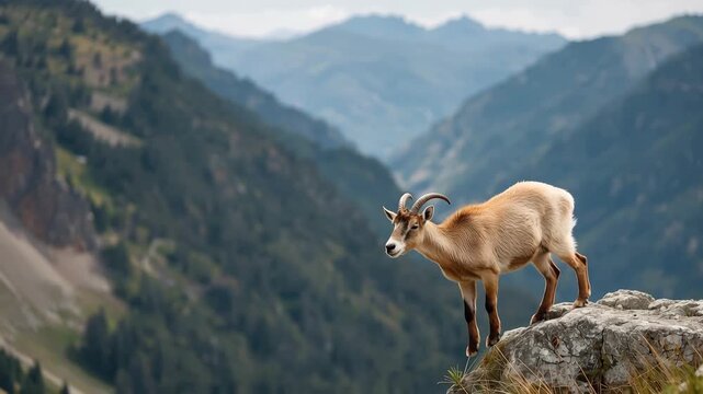 Mountain goat standing rocky cliff and ledge with misty alpine valley and distant mountain range