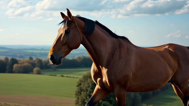Brown horse mare grazing and walking grassy hilltop pasture overlooking rolling countryside equine