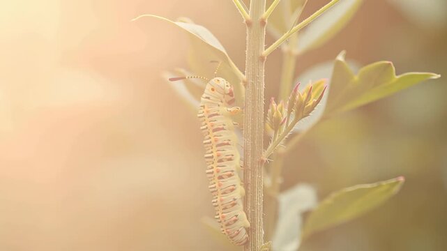 Green swallowtail caterpillar larva climbing green stem insect macro with black stripes and orange