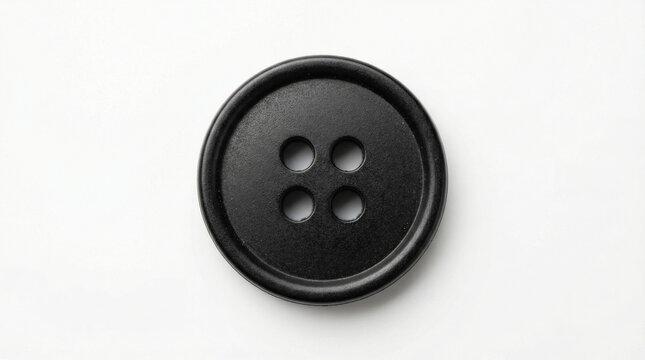 A close-up view of a black plastic button with four holes on a white background