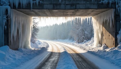 Fototapeta premium Frozen icicles hang from concrete bridge over snow covered road. Winter forest landscape bright sun rays shine through trees. Cold season path under icy structure.