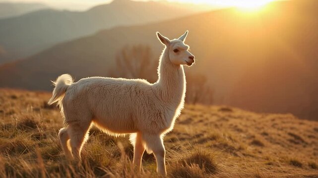 White alpaca animal livestock on golden pasture hillside at sunset calm pastoral scene