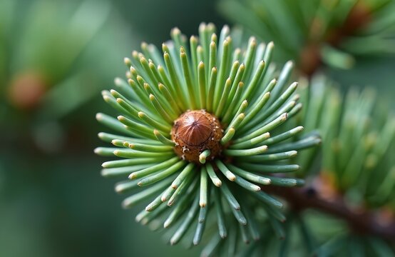 Close-up of new pine growth showing green needles and brown cone bud. Evergreen tree branch detail, natural forest plant texture. Outer soft fuzzy growth appears.
